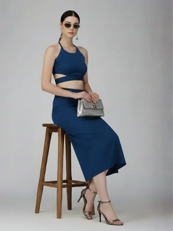 Ekeshwara_Women's_Blue_Cut-Out_Backless_Knot_Detail_Halter_Midi_Dress|_Model_Height_5.8inch_,_Fabric_All_Way_Stretchable