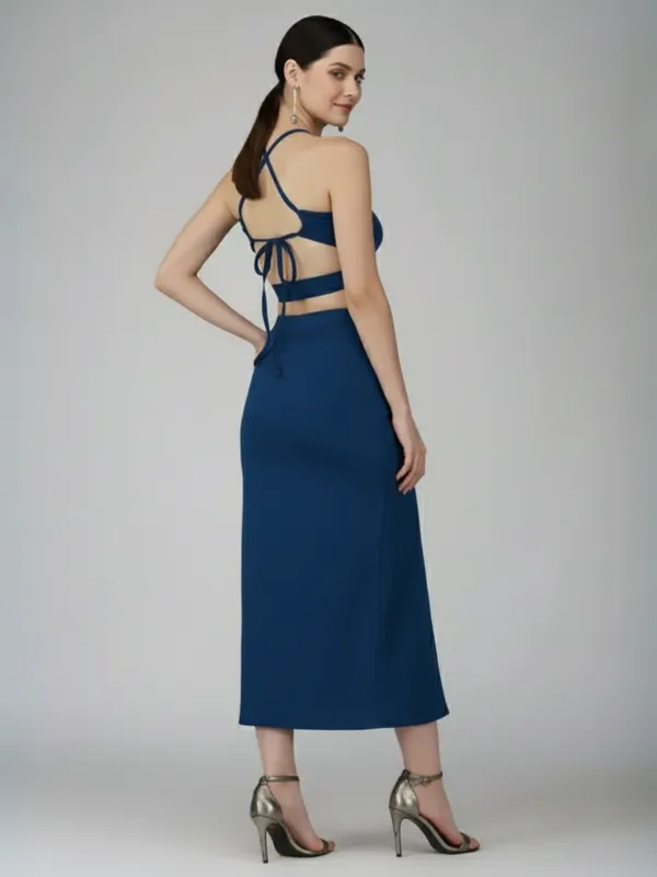 Ekeshwara_Women's_Blue_Cut-Out_Backless_Knot_Detail_Halter_Midi_Dress|_Model_Height_5.8inch_,_Fabric_All_Way_Stretchable