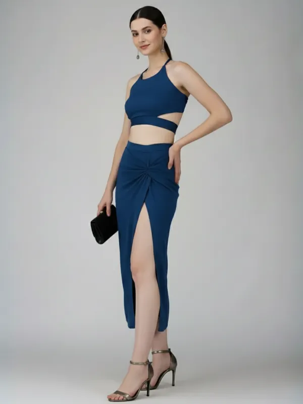 Ekeshwara_Women's_Blue_Cut-Out_Backless_Knot_Detail_Halter_Midi_Dress|_Model_Height_5.8inch_,_Fabric_All_Way_Stretchable