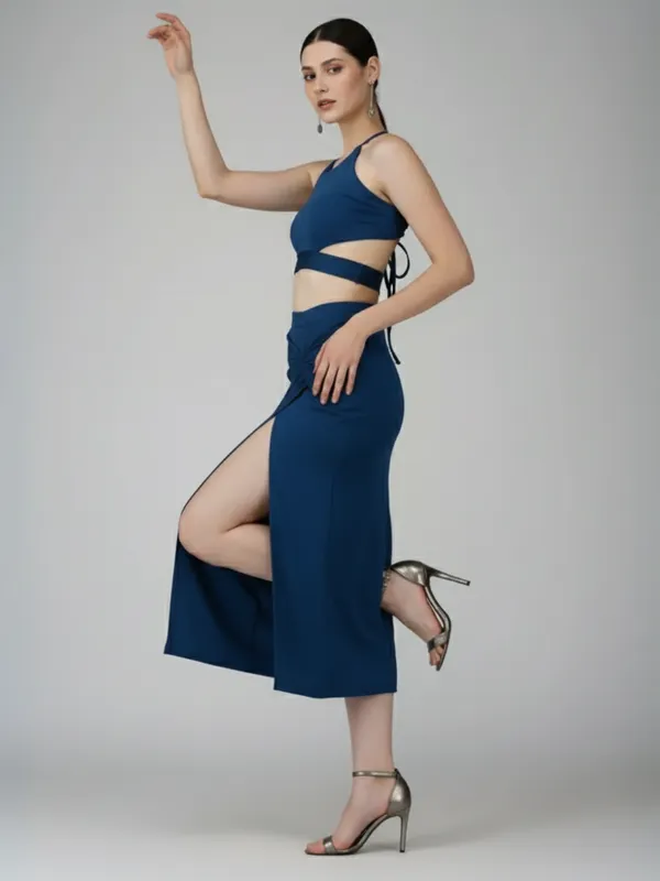 Ekeshwara_Women's_Blue_Cut-Out_Backless_Knot_Detail_Halter_Midi_Dress|_Model_Height_5.8inch_,_Fabric_All_Way_Stretchable