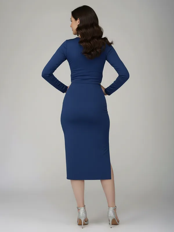 Ekeshwara_Women's_Blue_Knot_Front_Cut-Out_Slit_Midi_Dress|_Model_Height_5.8inch_,_Fabric_All_Way_Stretchable