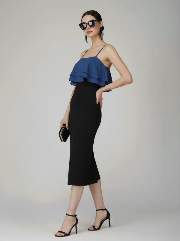 Ekeshwara_Women's_Blue_Ruffle_Top_Contrast_Bodycon_Midi_Dress|_Model_Height_5.8inch_,_Fabric_All_Way_Stretchable