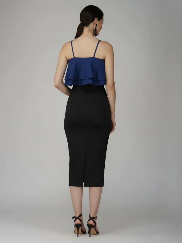 Ekeshwara_Women's_Blue_Ruffle_Top_Contrast_Bodycon_Midi_Dress|_Model_Height_5.8inch_,_Fabric_All_Way_Stretchable