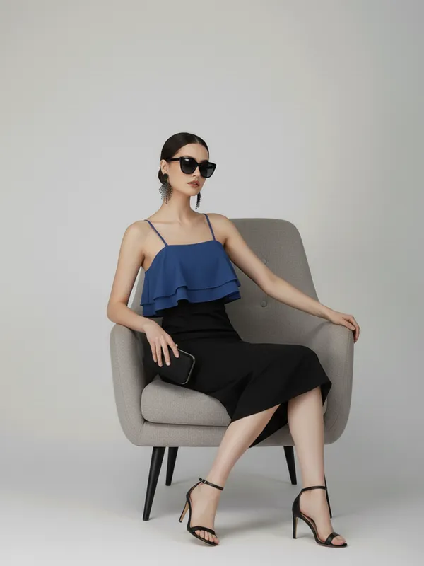 Ekeshwara_Women's_Blue_Ruffle_Top_Contrast_Bodycon_Midi_Dress|_Model_Height_5.8inch_,_Fabric_All_Way_Stretchable