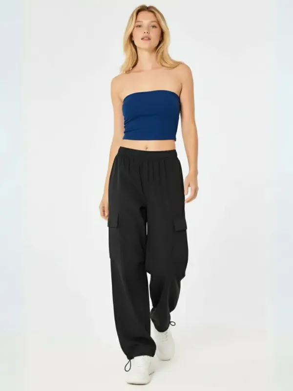 Ekeshwara_Women's_Blue_Strapless_Tube_Crop_Top_&_Black_Cargo_Pants_Set|_Model_Height_5.8inch_,_Fabric_All_Way_Stretchable