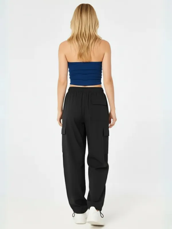 Ekeshwara_Women's_Blue_Strapless_Tube_Crop_Top_&_Black_Cargo_Pants_Set|_Model_Height_5.8inch_,_Fabric_All_Way_Stretchable