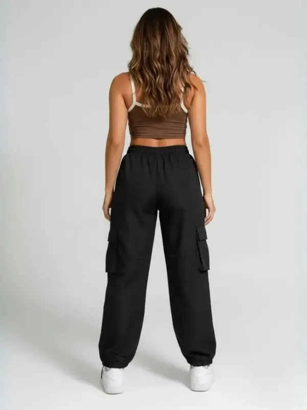 Ekeshwara_Women's_Brown_Contrast_Spaghetti_Crop_Top_&_Black_Cargo_Pants_Set|_Model_Height_5.8inch_,_Fabric_All_Way_Stretchable
