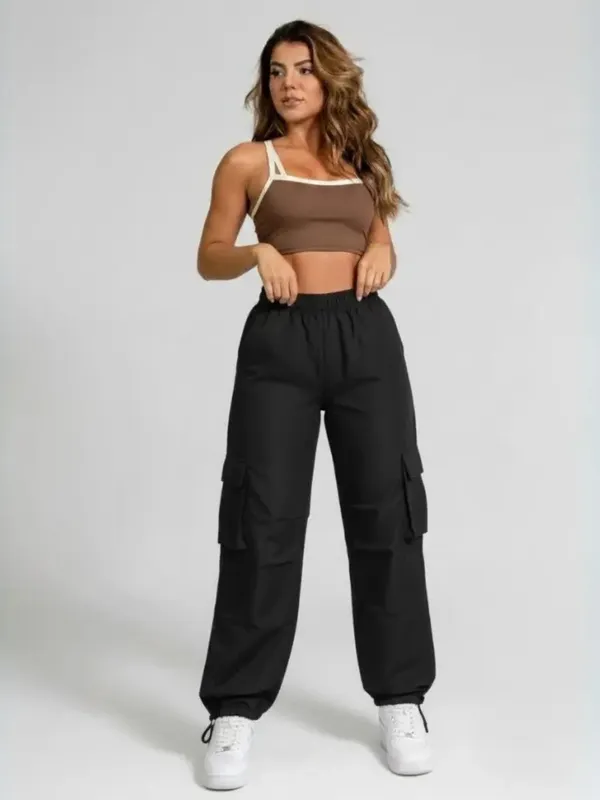 Ekeshwara_Women's_Brown_Contrast_Spaghetti_Crop_Top_&_Black_Cargo_Pants_Set|_Model_Height_5.8inch_,_Fabric_All_Way_Stretchable
