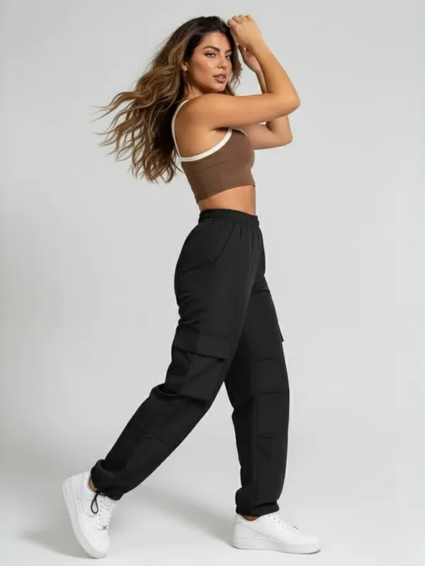 Ekeshwara_Women's_Brown_Contrast_Spaghetti_Crop_Top_&_Black_Cargo_Pants_Set|_Model_Height_5.8inch_,_Fabric_All_Way_Stretchable