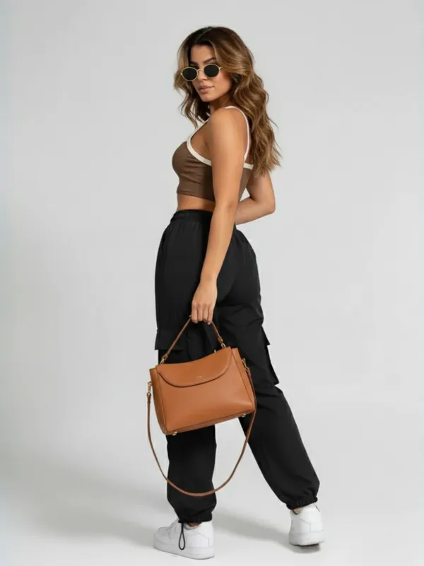 Ekeshwara_Women's_Brown_Contrast_Spaghetti_Crop_Top_&_Black_Cargo_Pants_Set|_Model_Height_5.8inch_,_Fabric_All_Way_Stretchable