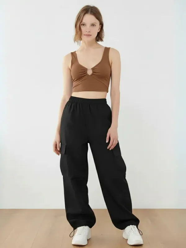 Ekeshwara_Women's_Brown_O-Ring_Crop_Top_&_Black_Cargo_Pants_Set|_Model_Height_5.8inch_,_Fabric_All_Way_Stretchable