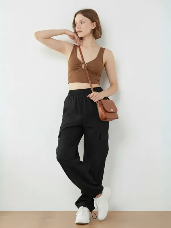 Ekeshwara_Women's_Brown_O-Ring_Crop_Top_&_Black_Cargo_Pants_Set|_Model_Height_5.8inch_,_Fabric_All_Way_Stretchable
