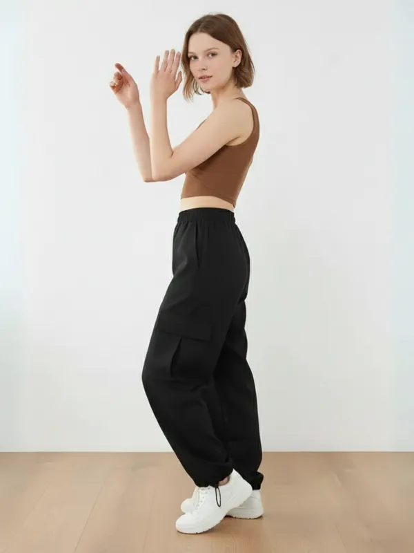 Ekeshwara_Women's_Brown_O-Ring_Crop_Top_&_Black_Cargo_Pants_Set|_Model_Height_5.8inch_,_Fabric_All_Way_Stretchable