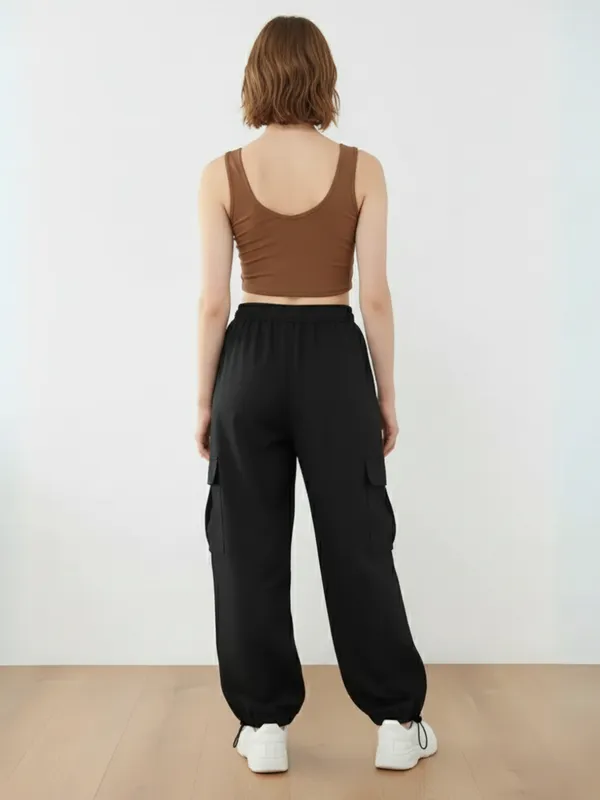 Ekeshwara_Women's_Brown_O-Ring_Crop_Top_&_Black_Cargo_Pants_Set|_Model_Height_5.8inch_,_Fabric_All_Way_Stretchable