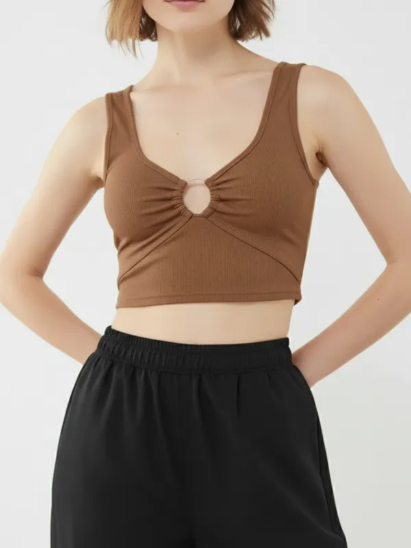 Ekeshwara_Women's_Brown_O-Ring_Crop_Top_&_Black_Cargo_Pants_Set|_Model_Height_5.8inch_,_Fabric_All_Way_Stretchable