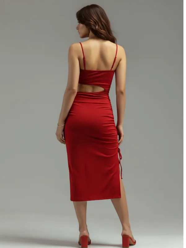 Ekeshwara_Women's_Cutout_Ruched_Bodycon_Crop_Top_??Red|_Model_Height_5.8inch_,_Fabric_All_Way_Stretchable