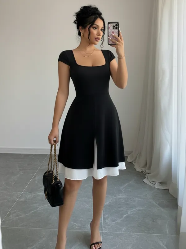 Ekeshwara_Women's_Elegant_Black_&_White_A-Line_Midi_Dress_??Square_Neck,_Short_Sleeve|_Model_Height_5.8inch_,_Fabric_All_Way_Stretchable