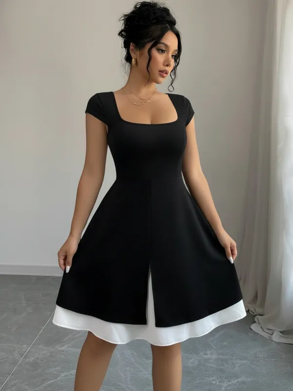 Ekeshwara_Women's_Elegant_Black_&_White_A-Line_Midi_Dress_??Square_Neck,_Short_Sleeve|_Model_Height_5.8inch_,_Fabric_All_Way_Stretchable