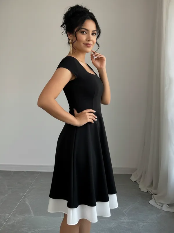 Ekeshwara_Women's_Elegant_Black_&_White_A-Line_Midi_Dress_??Square_Neck,_Short_Sleeve|_Model_Height_5.8inch_,_Fabric_All_Way_Stretchable