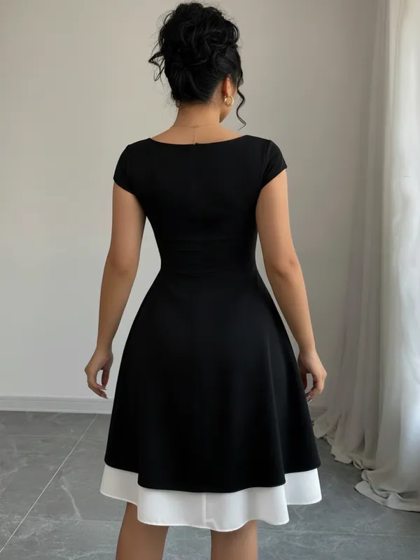 Ekeshwara_Women's_Elegant_Black_&_White_A-Line_Midi_Dress_??Square_Neck,_Short_Sleeve|_Model_Height_5.8inch_,_Fabric_All_Way_Stretchable