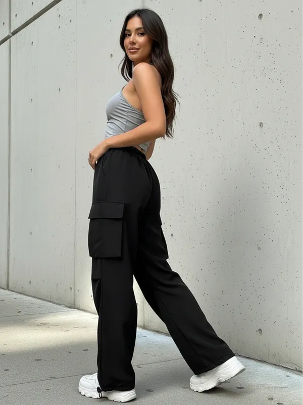 Ekeshwara_Women's_Grey_Ruched_Cutout_Halter_Crop_Top_&_Black_Cargo_Pants_Set|_Model_Height_5.8inch_,_Fabric_All_Way_Stretchable