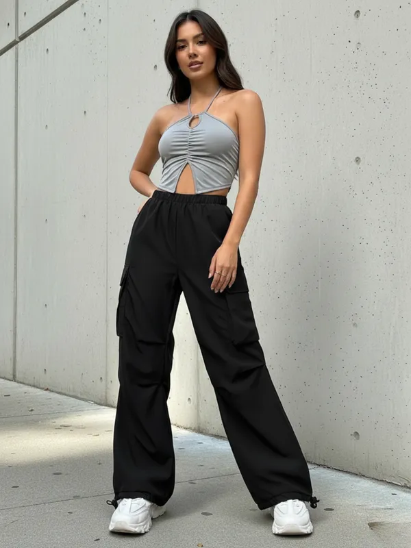 Ekeshwara_Women's_Grey_Ruched_Cutout_Halter_Crop_Top_&_Black_Cargo_Pants_Set|_Model_Height_5.8inch_,_Fabric_All_Way_Stretchable