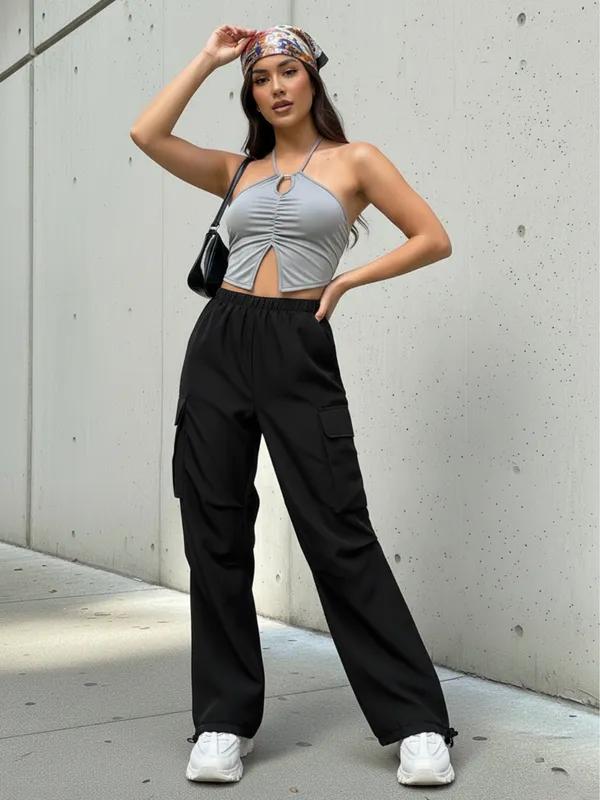 Ekeshwara_Women's_Grey_Ruched_Cutout_Halter_Crop_Top_&_Black_Cargo_Pants_Set|_Model_Height_5.8inch_,_Fabric_All_Way_Stretchable