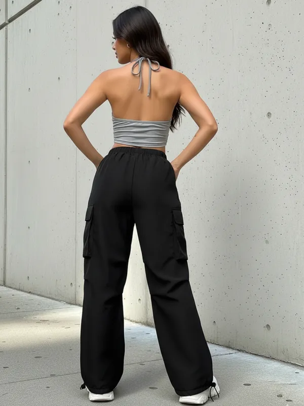Ekeshwara_Women's_Grey_Ruched_Cutout_Halter_Crop_Top_&_Black_Cargo_Pants_Set|_Model_Height_5.8inch_,_Fabric_All_Way_Stretchable