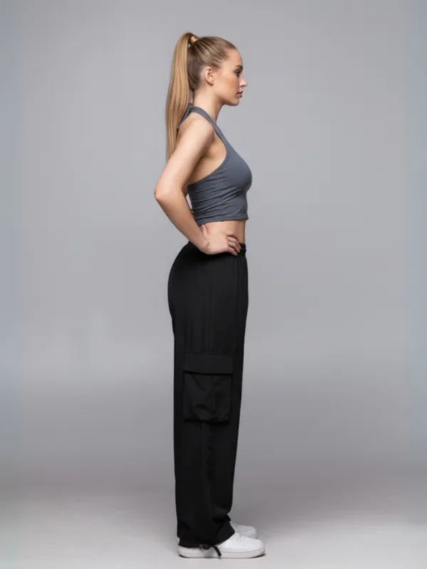 Ekeshwara_Women's_Grey_Ruched_Halter_Crop_Top_&_Black_Cargo_Pants_Set|_Model_Height_5.8inch_,_Fabric_All_Way_Stretchable
