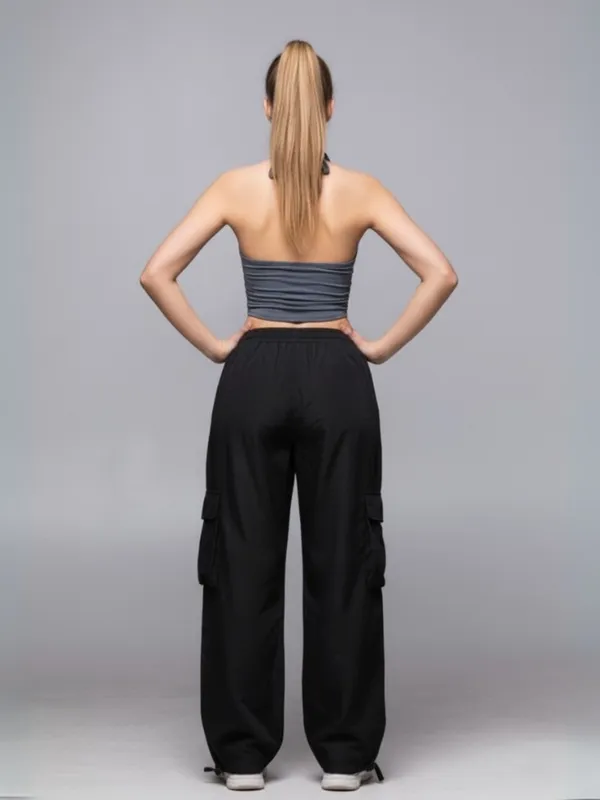 Ekeshwara_Women's_Grey_Ruched_Halter_Crop_Top_&_Black_Cargo_Pants_Set|_Model_Height_5.8inch_,_Fabric_All_Way_Stretchable