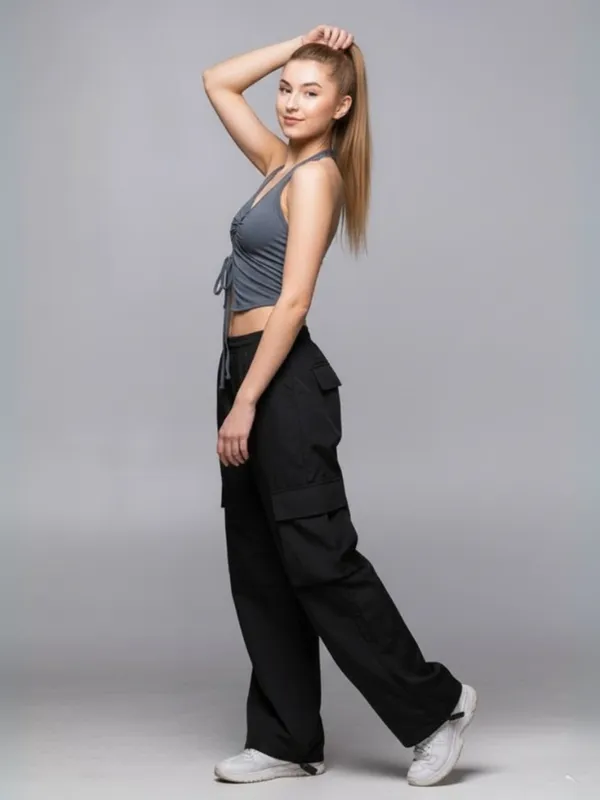 Ekeshwara_Women's_Grey_Ruched_Halter_Crop_Top_&_Black_Cargo_Pants_Set|_Model_Height_5.8inch_,_Fabric_All_Way_Stretchable