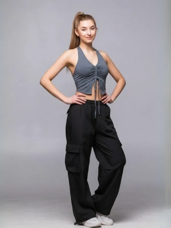 Ekeshwara_Women's_Grey_Ruched_Halter_Crop_Top_&_Black_Cargo_Pants_Set|_Model_Height_5.8inch_,_Fabric_All_Way_Stretchable