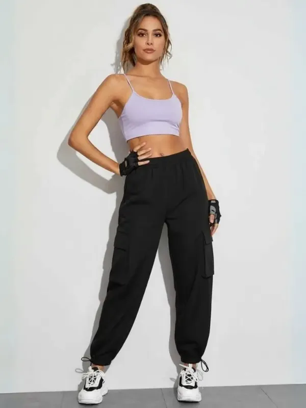 Ekeshwara_Women's_Lavender_Spaghetti_Strap_Crop_Top_&_Black_Cargo_Joggers_Set|_Model_Height_5.8inch_,_Fabric_All_Way_Stretchable