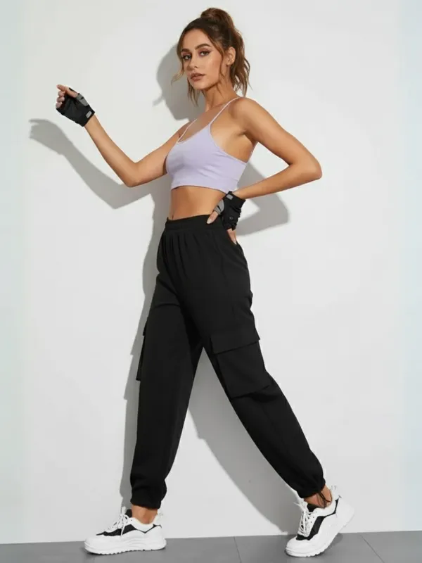 Ekeshwara_Women's_Lavender_Spaghetti_Strap_Crop_Top_&_Black_Cargo_Joggers_Set|_Model_Height_5.8inch_,_Fabric_All_Way_Stretchable