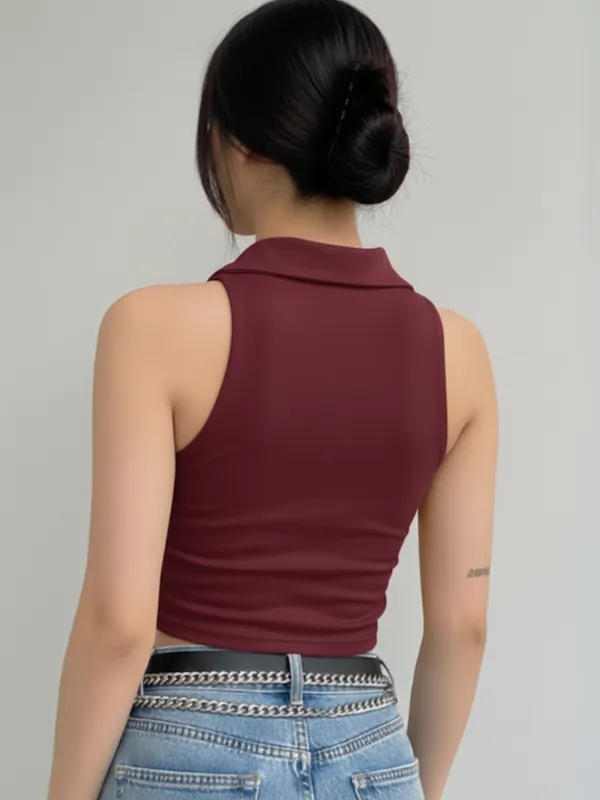 Ekeshwara_Women's_Maroon_Collared_Ruched_Tie_Front_Crop_Top|_Model_Height_5.8inch_,_Fabric_All_Way_Stretchable