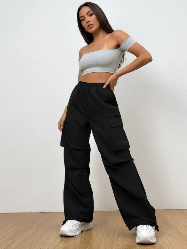 Ekeshwara_Women's_Off-Shoulder_Light_Grey_Crop_Top_&_Black_Cargo_Pants_Set|_Model_Height_5.8inch_,_Fabric_All_Way_Stretchable