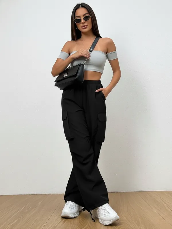 Ekeshwara_Women's_Off-Shoulder_Light_Grey_Crop_Top_&_Black_Cargo_Pants_Set|_Model_Height_5.8inch_,_Fabric_All_Way_Stretchable