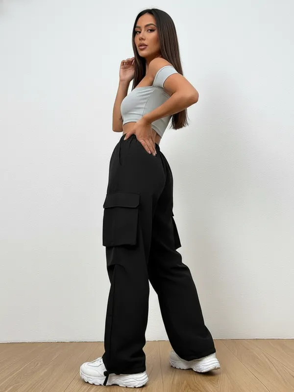 Ekeshwara_Women's_Off-Shoulder_Light_Grey_Crop_Top_&_Black_Cargo_Pants_Set|_Model_Height_5.8inch_,_Fabric_All_Way_Stretchable