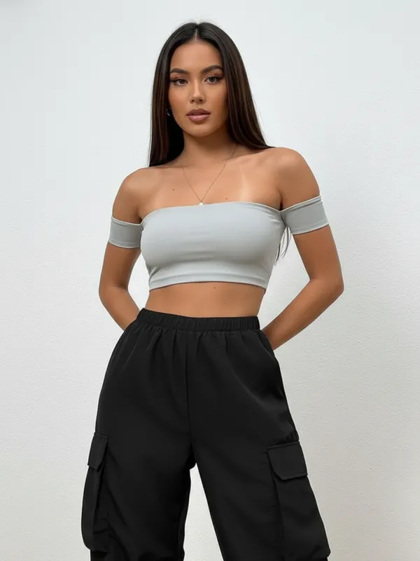 Ekeshwara_Women's_Off-Shoulder_Light_Grey_Crop_Top_&_Black_Cargo_Pants_Set|_Model_Height_5.8inch_,_Fabric_All_Way_Stretchable