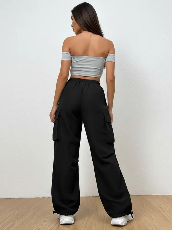 Ekeshwara_Women's_Off-Shoulder_Light_Grey_Crop_Top_&_Black_Cargo_Pants_Set|_Model_Height_5.8inch_,_Fabric_All_Way_Stretchable