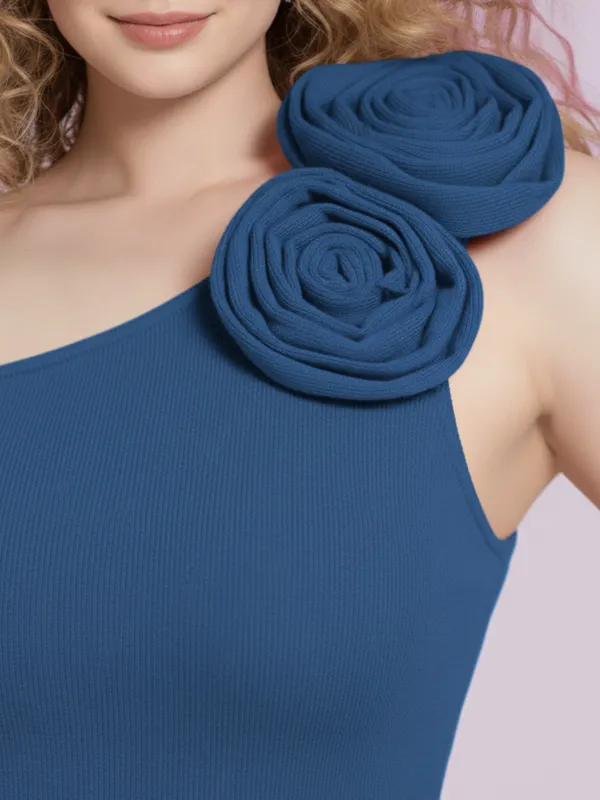 Ekeshwara_Women's_One-Shoulder_Blue_Bodycon_Dress_with_Floral_Appliqu?|_Model_Height_5.8inch_,_Fabric_All_Way_Stretchable