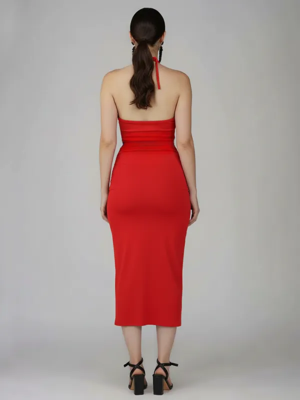 Ekeshwara_Women's_Red_Criss-Cross_Halter_Cut-Out_Ruched_Midi_Dress|_Model_Height_5.8inch_,_Fabric_All_Way_Stretchable