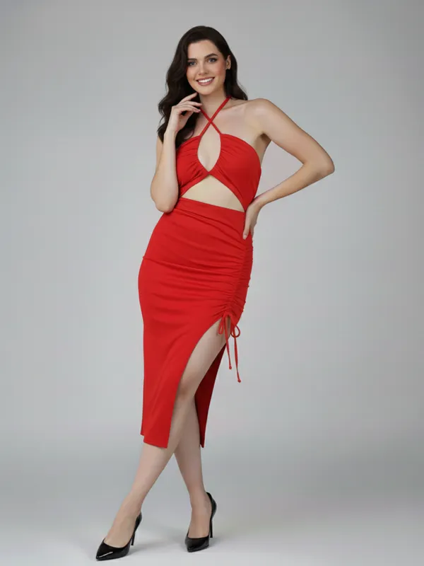 Ekeshwara_Women's_Red_Criss-Cross_Halter_Cut-Out_Ruched_Midi_Dress|_Model_Height_5.8inch_,_Fabric_All_Way_Stretchable