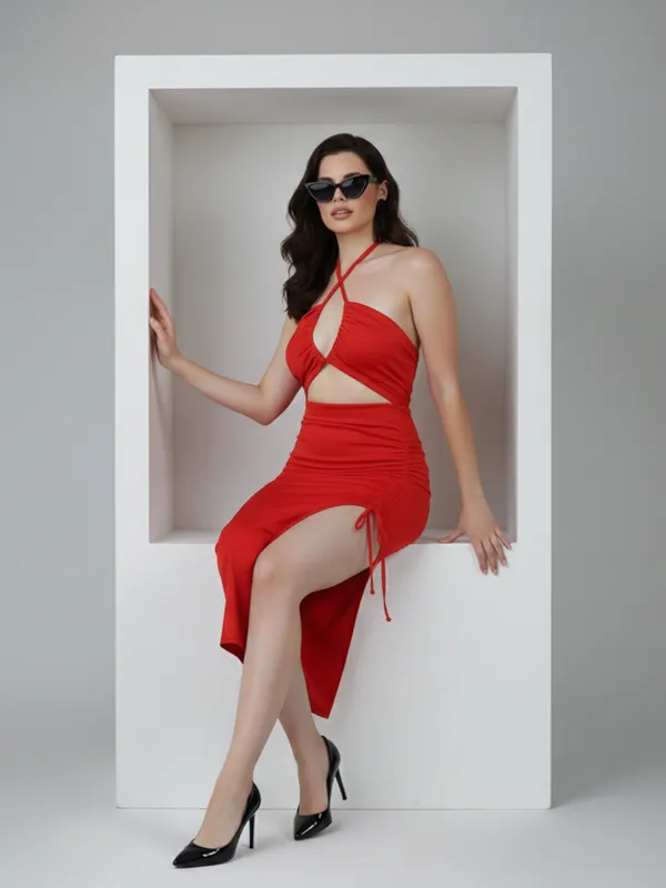 Ekeshwara_Women's_Red_Criss-Cross_Halter_Cut-Out_Ruched_Midi_Dress|_Model_Height_5.8inch_,_Fabric_All_Way_Stretchable