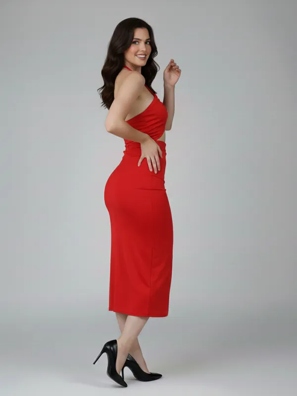 Ekeshwara_Women's_Red_Criss-Cross_Halter_Cut-Out_Ruched_Midi_Dress|_Model_Height_5.8inch_,_Fabric_All_Way_Stretchable