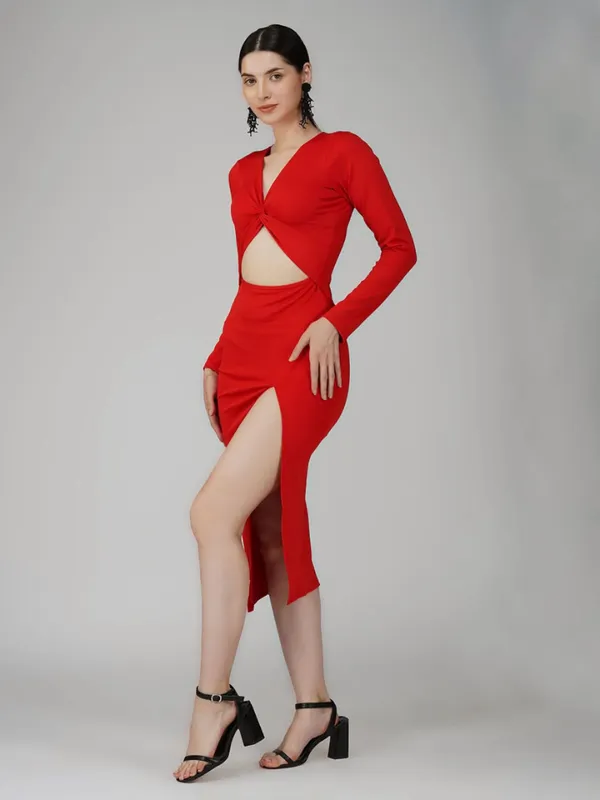 Ekeshwara_Women's_Red_Knot_Front_Cut-Out_Slit_Midi_Dress|_Model_Height_5.8inch_,_Fabric_All_Way_Stretchable