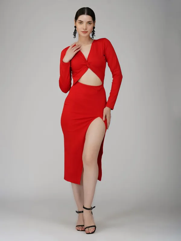 Ekeshwara_Women's_Red_Knot_Front_Cut-Out_Slit_Midi_Dress|_Model_Height_5.8inch_,_Fabric_All_Way_Stretchable