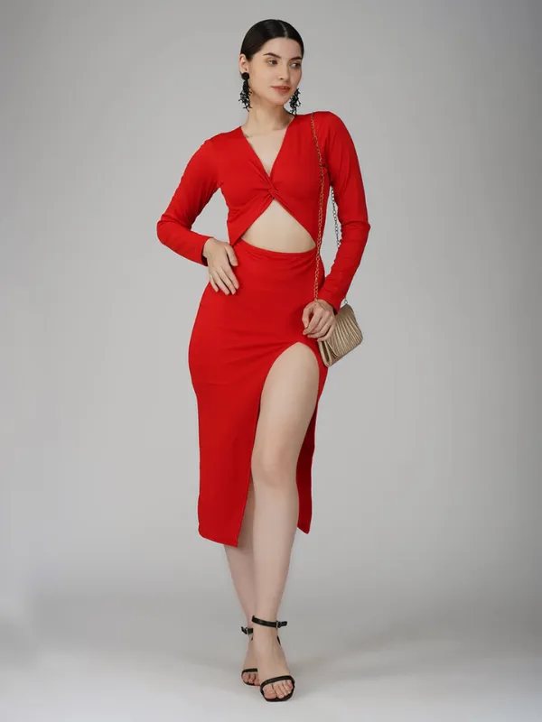 Ekeshwara_Women's_Red_Knot_Front_Cut-Out_Slit_Midi_Dress|_Model_Height_5.8inch_,_Fabric_All_Way_Stretchable