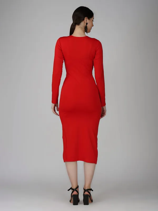 Ekeshwara_Women's_Red_Knot_Front_Cut-Out_Slit_Midi_Dress|_Model_Height_5.8inch_,_Fabric_All_Way_Stretchable