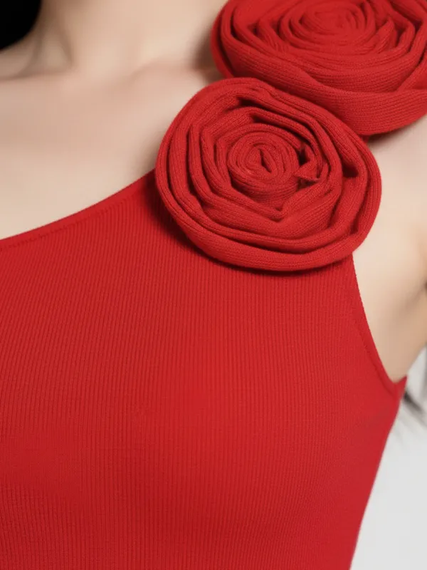Ekeshwara_Women's_Red_One-Shoulder_Bodycon_Dress_with_Floral_Detail|_Model_Height_5.8inch_,_Fabric_All_Way_Stretchable